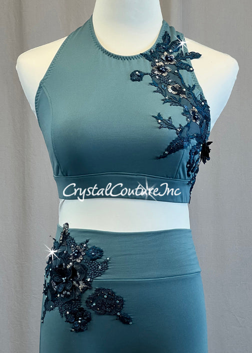 Smoky Teal Strappy Back Top with High Waisted Trunks - Appliques and Rhinestones