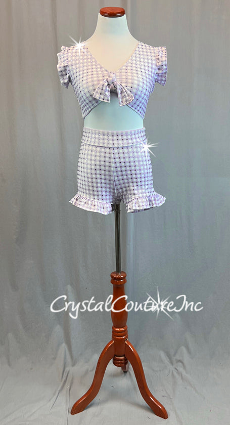 Lavender and White Checkered Tie Front Top with Ruffle Shorts and Rhinestones
