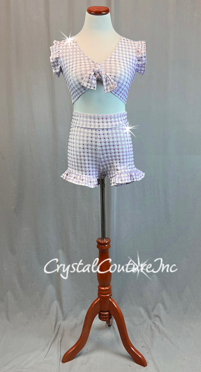 Lavender and White Checkered Tie Front Top with Ruffle Shorts - Rhinestones