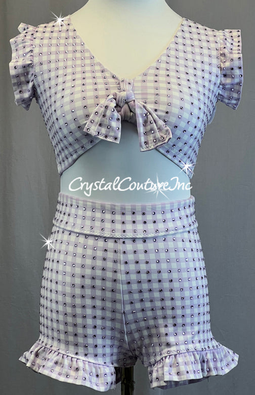 Lavender and White Checkered Tie Front Top with Ruffle Shorts - Rhinestones