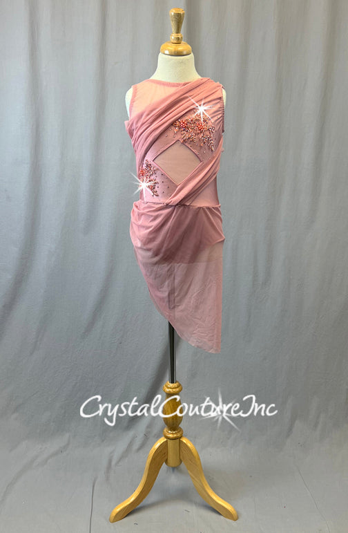 Custom Blush Pink Leotard with Mesh Draping and Asymmetrical Skirt - Rhinestones and Appliques