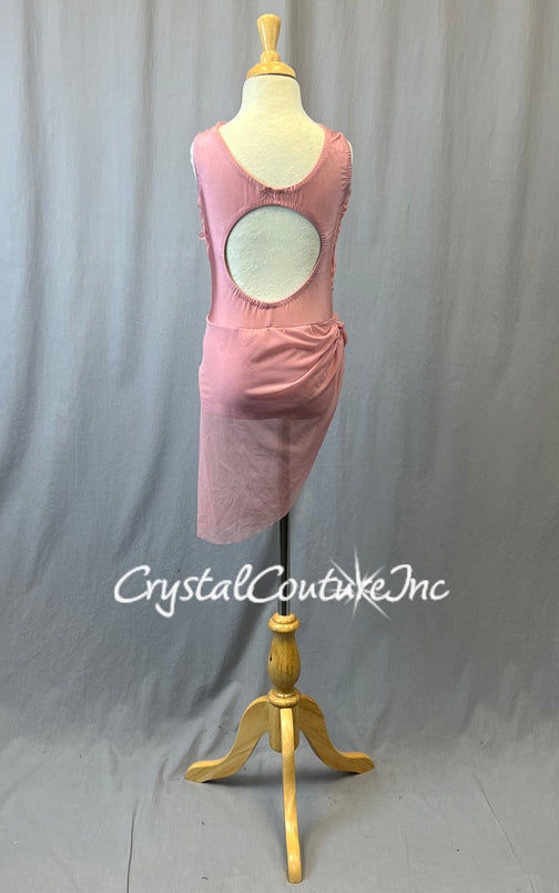 Custom Blush Pink Leotard with Mesh Draping and Asymmetrical Skirt - Rhinestones and Appliques
