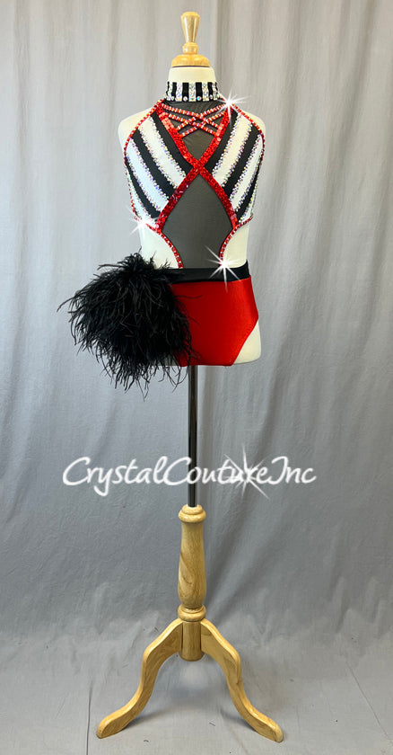 Custom Red, White, and Black Cutout Leotard with Feather Side Bustle and Rhinestones