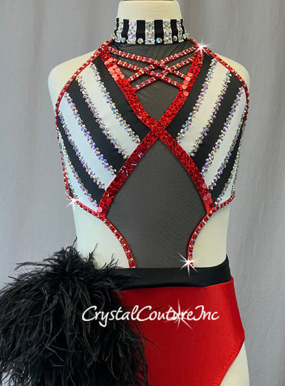 Custom Red, White, and Black Cutout Leotard with Feather Side Bustle and Rhinestones