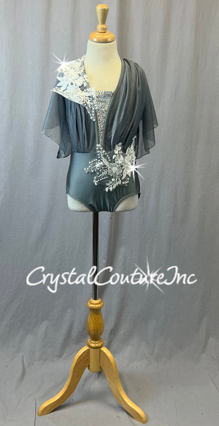 Gray Leotard with Shimmer Mesh Overlay and Flutter Sleeve - Rhinestones and Appliques
