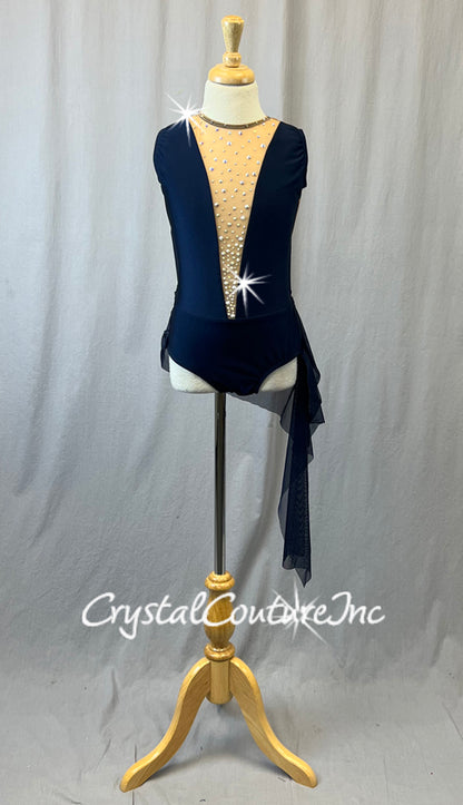 Navy Leotard with Open Back and Asymmetrical Mesh Skirt - Rhinestones