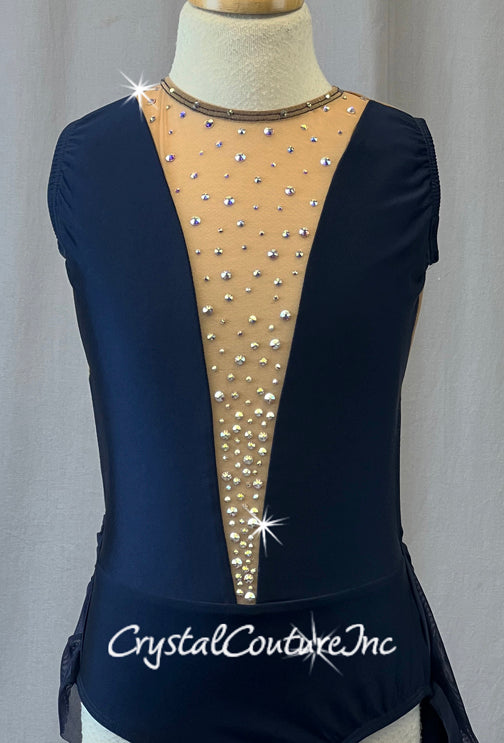 Navy Leotard with Open Back and Asymmetrical Mesh Skirt - Rhinestones