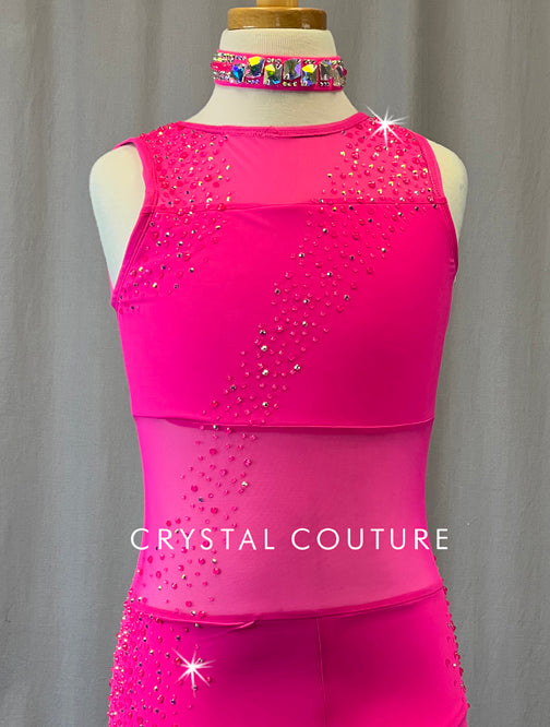 Hot Pink Biketard with Mesh - Rhinestones