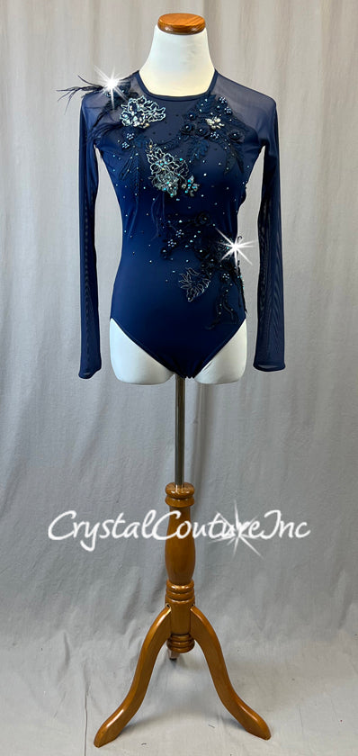 Navy Blue Leotard with Long Mesh Sleeves and Appliques - Rhinestones