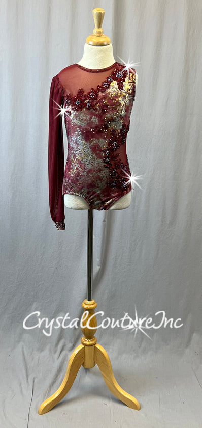 Burgundy One Arm Leotard with Grey and Metallic Gold Pattern - Appliques and Rhinestones