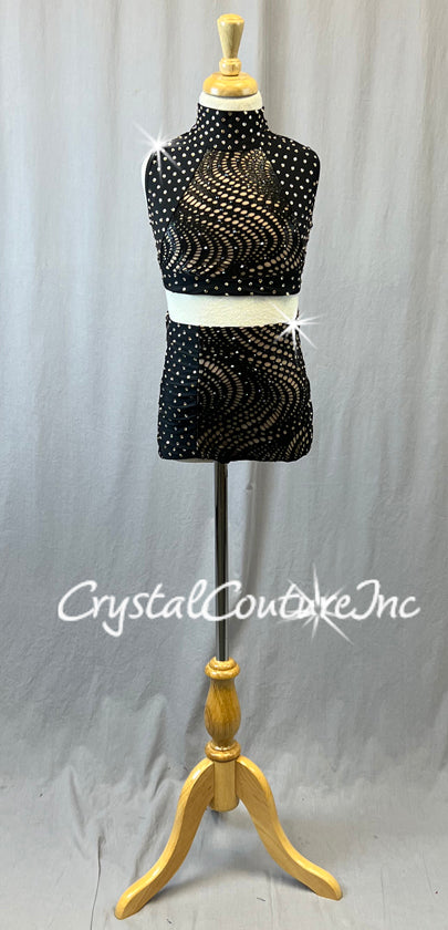 Two Piece Top and High Waisted Trunk with Black Swirled Netting - Rhinestones