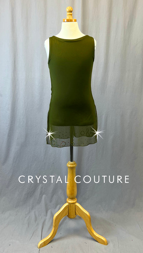 Olive Green Mesh Dress with Circle Rhinestone Hem