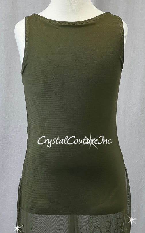 Olive Green Mesh Dress with Circle Rhinestone Hem