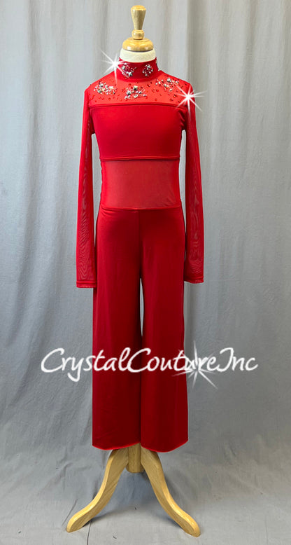 Red Wide Leg Jumpsuit with Mesh - Rhinestones