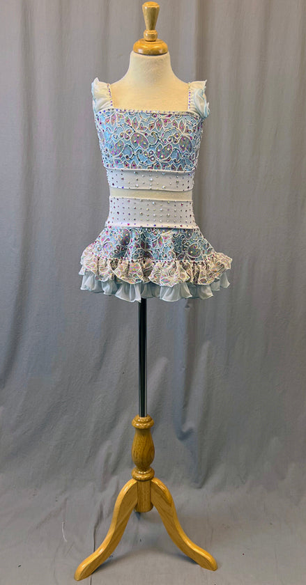 Baby Blue Lace Two Piece with Ruffled Skirt and Sleeves - Rhinestones
