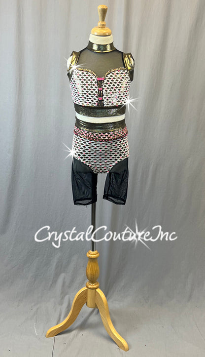 White Lattice Mesh Two Piece with Mesh Shorts - Rhinestones