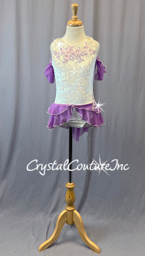 Velvet Ivory Leotard with Purple Off Shoulder Sleeves and Tiered Half Skirt - Rhinestones and Appliques