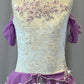 Velvet Ivory Leotard with Purple Off Shoulder Sleeves & Tiered Half Skirt - Rhinestones & Appliques