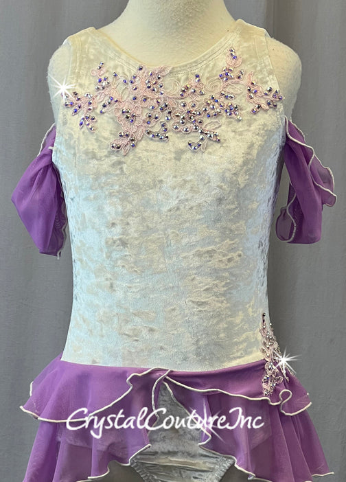 Velvet Ivory Leotard with Purple Off Shoulder Sleeves & Tiered Half Skirt - Rhinestones & Appliques