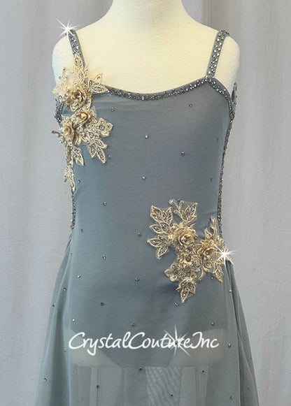 Gray Camisole Open Back Leotard with Attached Mesh Dress - Appliques and Rhinestones