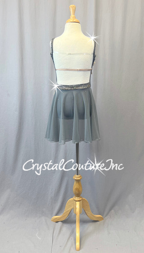 Gray Camisole Open Back Leotard with Attached Mesh Dress - Appliques and Rhinestones