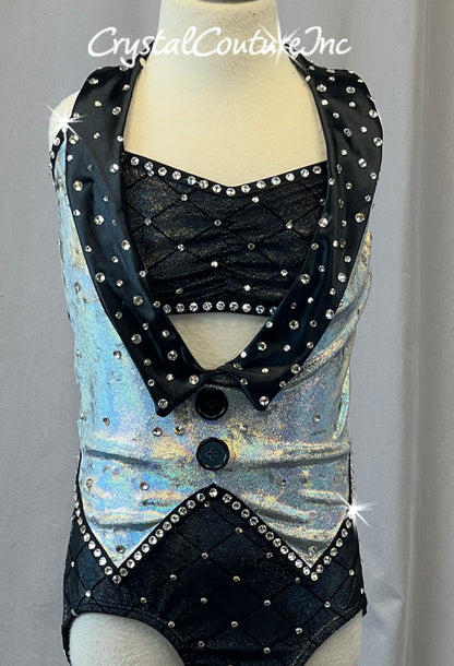 Silver Tux Vest with Lattice Patterned Two Piece - Rhinestones