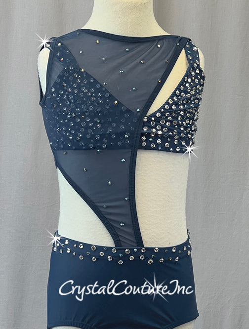 Navy Blue Two Piece with Asymmetrical Mesh Overlay - Rhinestones