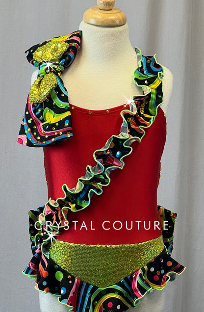 Red Leotard with Multicolor Ruffles and Bow - Rhinestones
