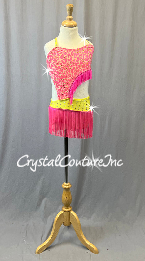 Pink and Yellow Animal Print Connected Two Piece with Fringe - Rhinestones
