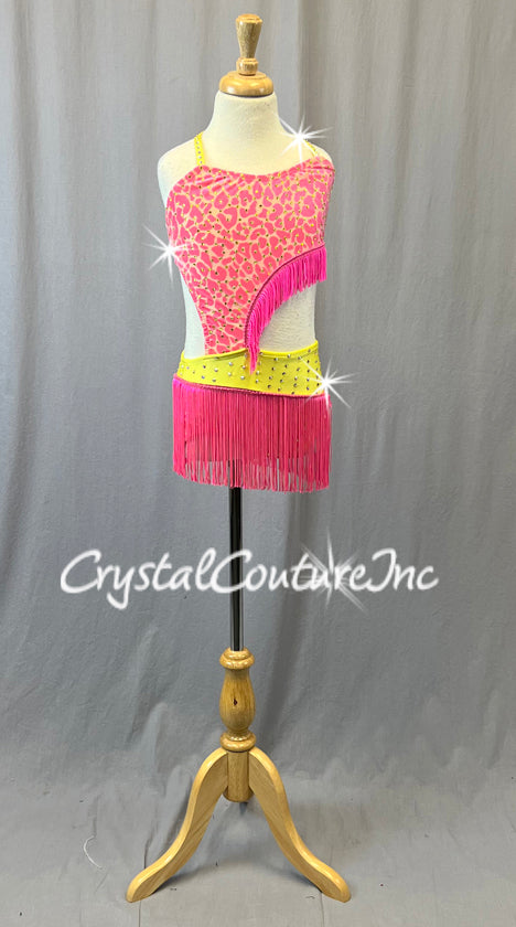 Pink & Yellow Animal Print Connected Two Piece with Fringe - Rhinestones