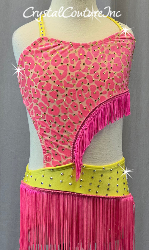 Pink & Yellow Animal Print Connected Two Piece with Fringe - Rhinestones