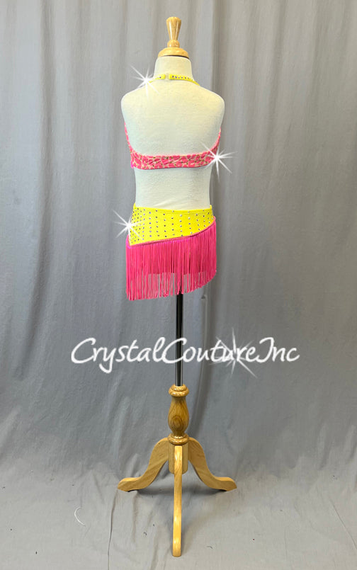 Pink and Yellow Animal Print Connected Two Piece with Fringe - Rhinestones