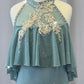 Dusty Blue Halter Leotard with Mesh Overlay - Appliques & Rhinestones