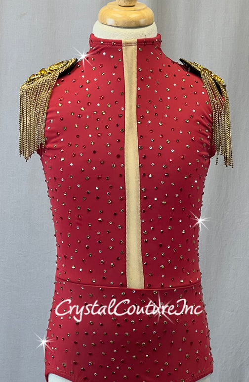 Red High Neck Leotard with Gold Chainmail Epaulettes - Rhinestones