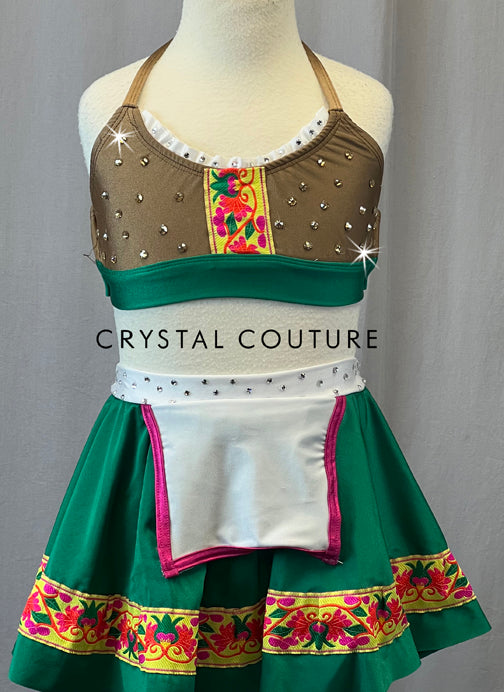 Brown and Green Two Piece with Trim & Apron - Rhinestones