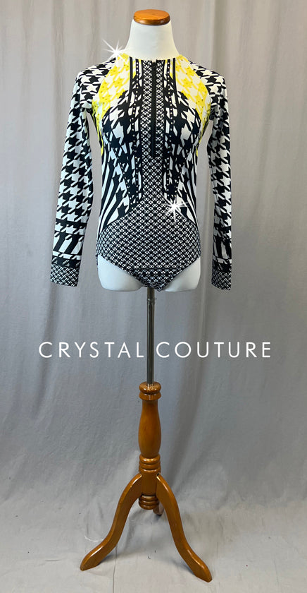 Black, White, and Yellow Patterned Long Sleeve Leotard with Rhinestone