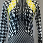 Black, White, and Yellow Patterned Long Sleeve Leotard - Rhinestones