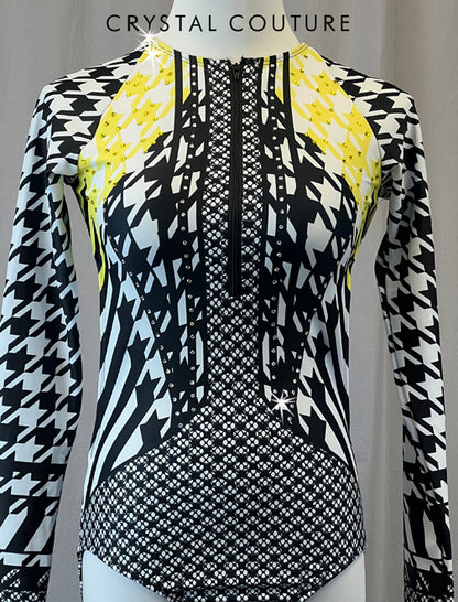 Black, White, and Yellow Patterned Long Sleeve Leotard with Rhinestone