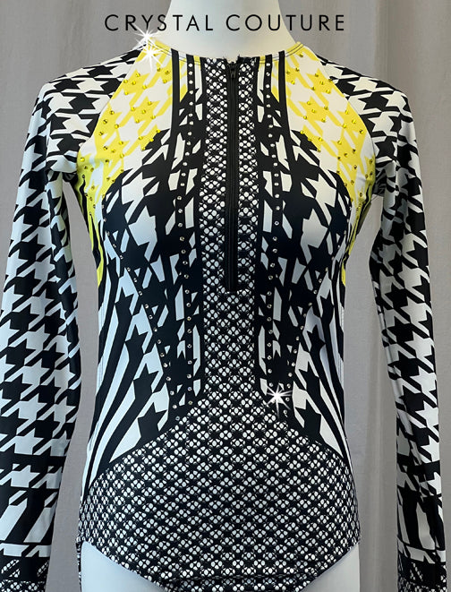 Black, White, and Yellow Patterned Long Sleeve Leotard - Rhinestones