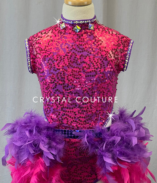 Pink and Purple Lace Cap Sleeve Leotard with Feather Bustle - Rhinestones