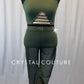 Army Green Two Piece with Mesh Leggings and Rhinestones