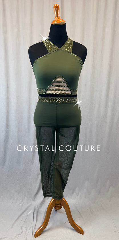 Army Green Two Piece with Mesh Crop Leggings - Rhinestones