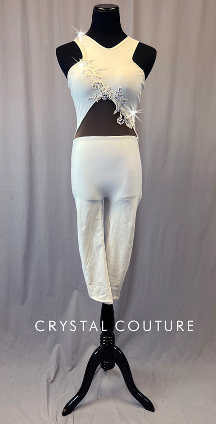 White Unitard with Appliques and Mesh Cutouts - Rhinestones