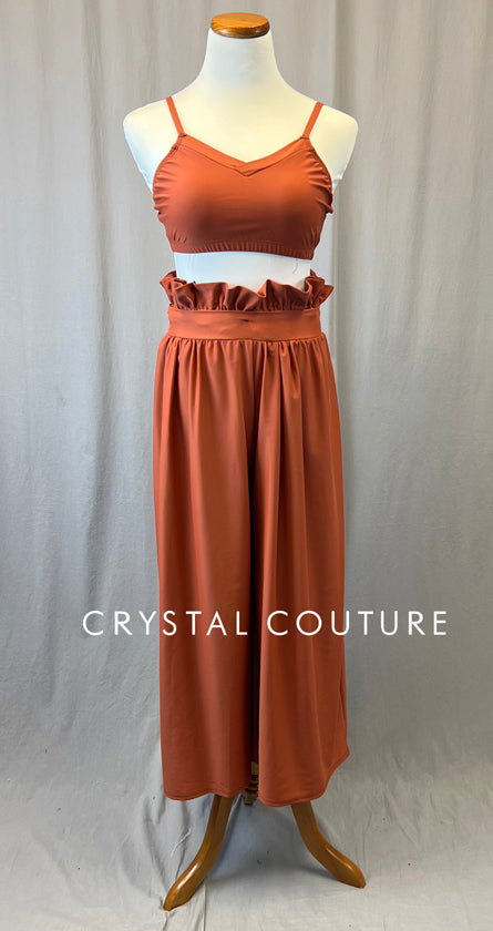 Burnt Orange Two Piece with Ruffled Wide Leg Pants