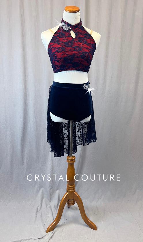 Red and Navy Lace Two Piece with Half Skirt - Appliques and Rhinestones