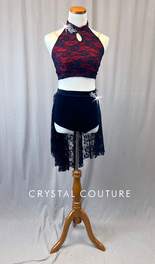 Red & Navy Lace Two Piece with Half Skirt - Appliques & Rhinestones