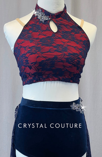 Red and Navy Lace Two Piece with Half Skirt - Appliques and Rhinestones