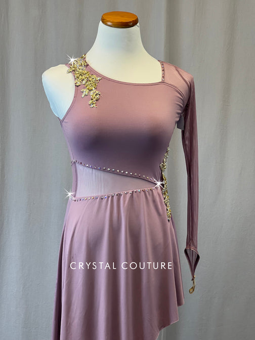 Mauve One Sleeve Leotard with Asymmetrical Skirt - Rhinestones & Appliques