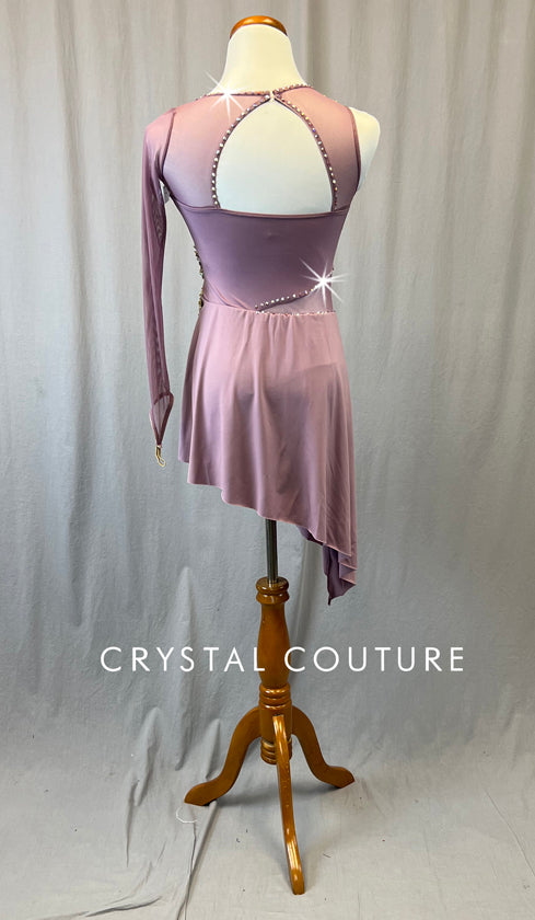 Mauve One Sleeve Leotard with Asymmetrical Skirt - Rhinestones & Appliques