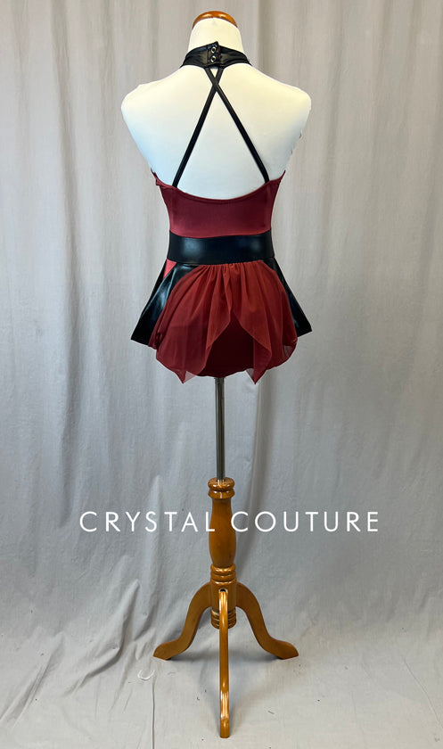 Black and Maroon High Neck Leotard with Mesh Skirt